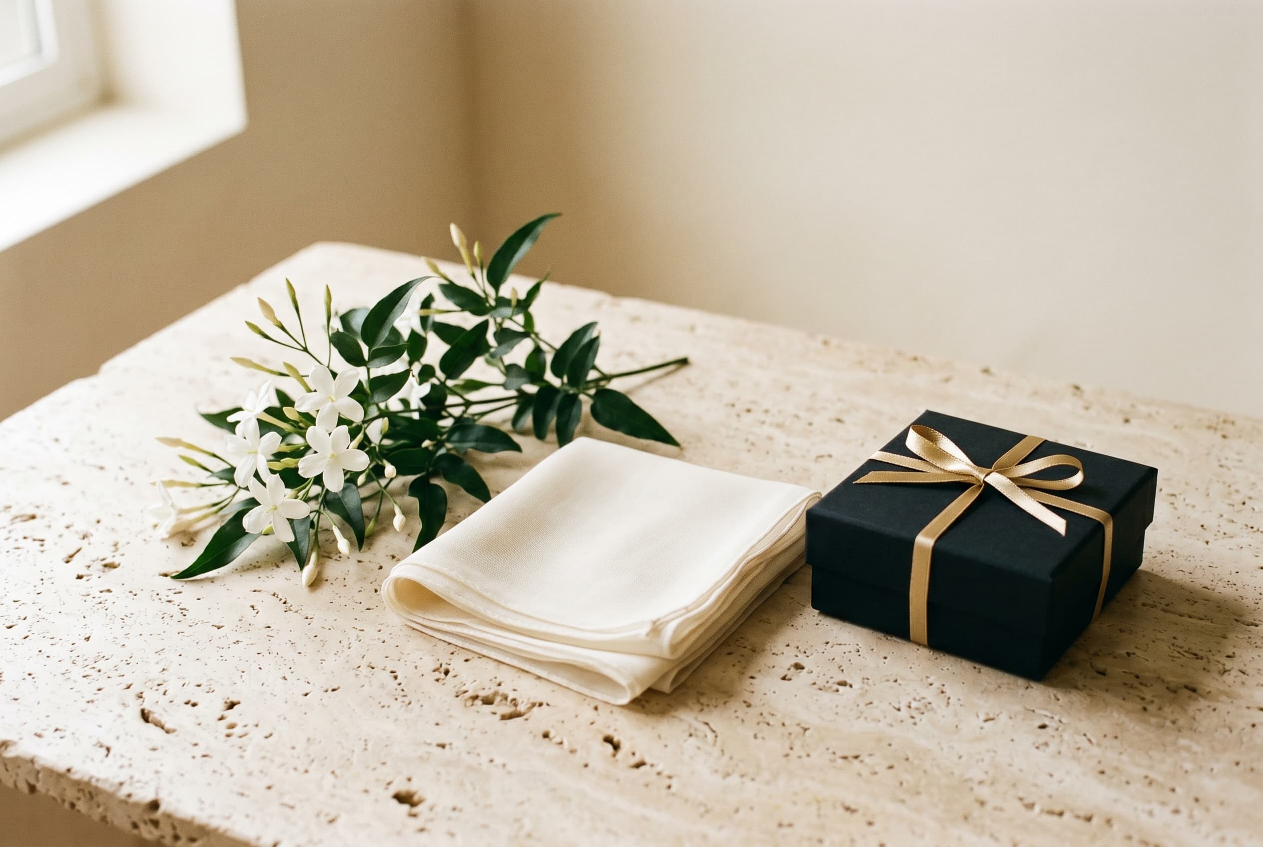 A sprig of jasmine beside a folded scarf and a black gift box